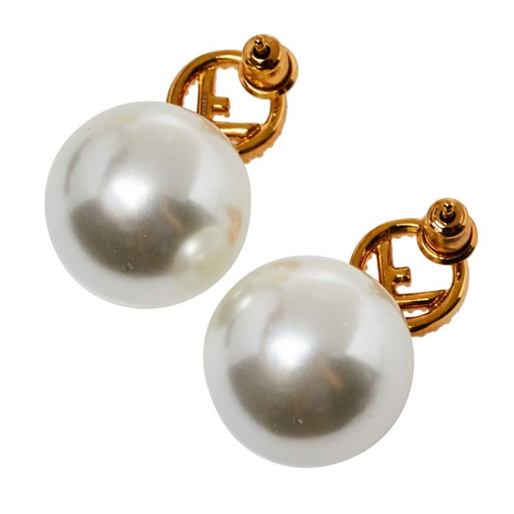 Pre Owned Fendi F is Fendi Crystal Logo Pearl Drop Earrings