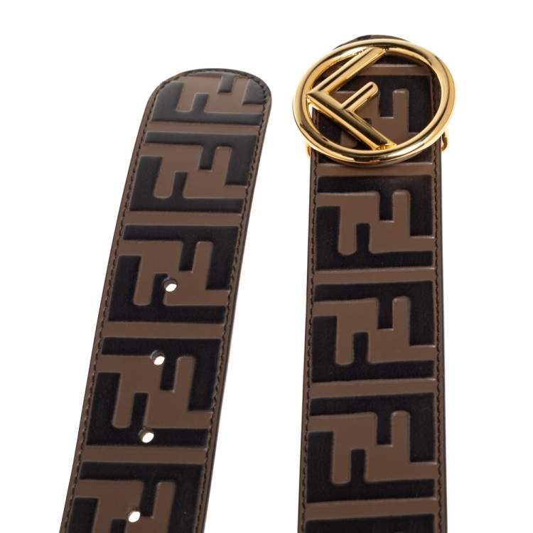 Pre Owned Fendi Brown Zucca Embossed Leather F Buckle Belt 90CM