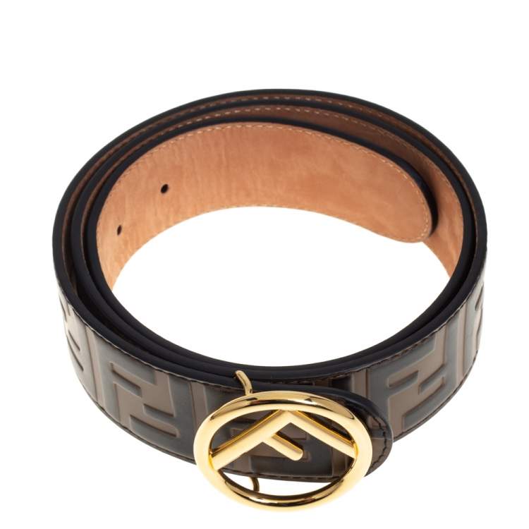 Pre Owned Fendi Brown Zucca Embossed Leather F Buckle Belt 90CM