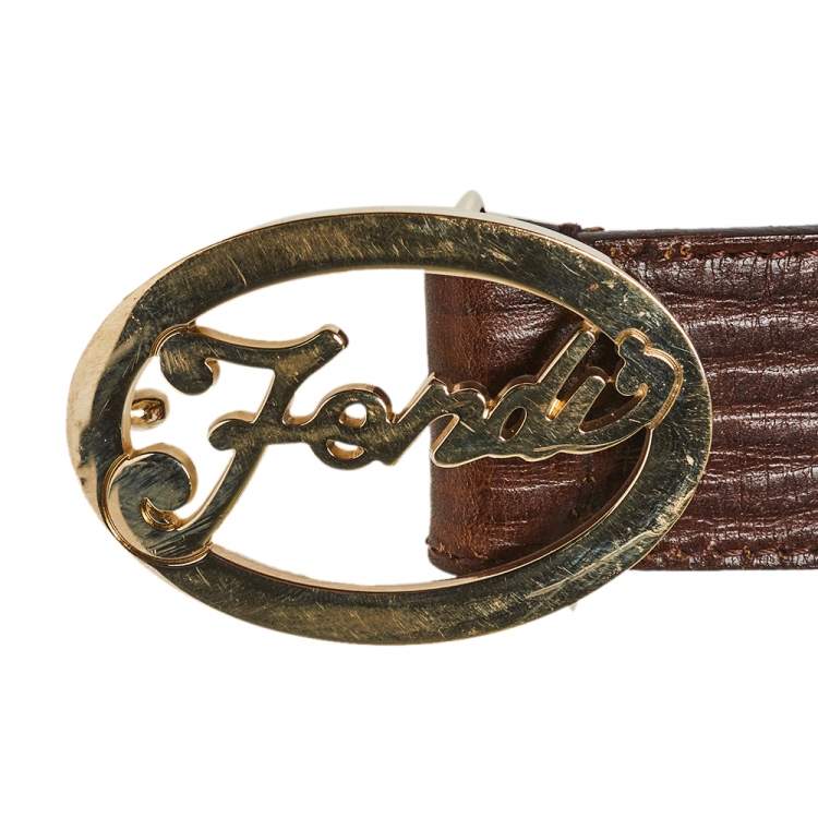 Pre Owned Fendi Brown Textured Leather Logo Buckle Belt 90 CM