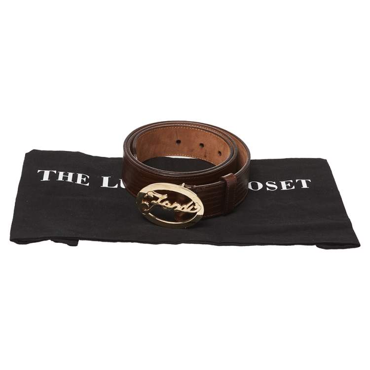 Pre Owned Fendi Brown Textured Leather Logo Buckle Belt 90 CM