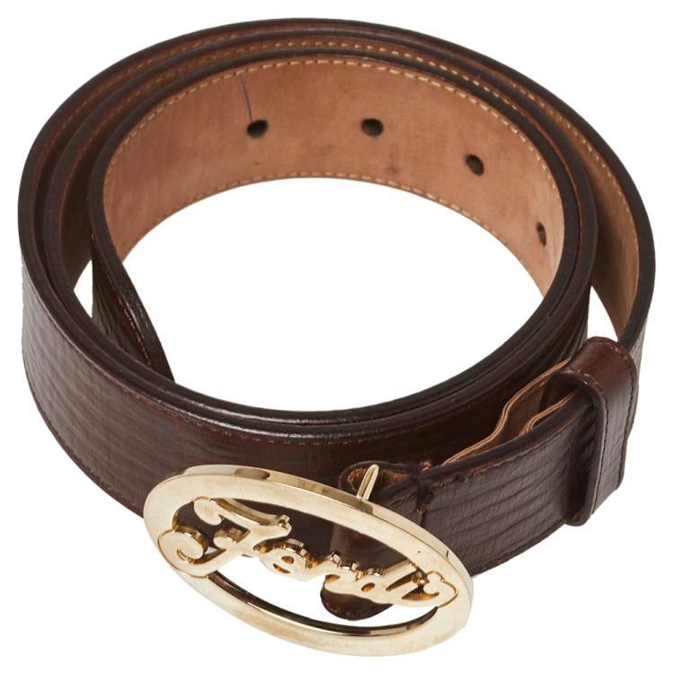 Pre Owned Fendi Brown Textured Leather Logo Buckle Belt 90 CM