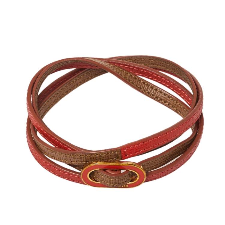 Pre Owned Fendi Coral & Beige Leather Crayons Multi Wrap Bracelet
