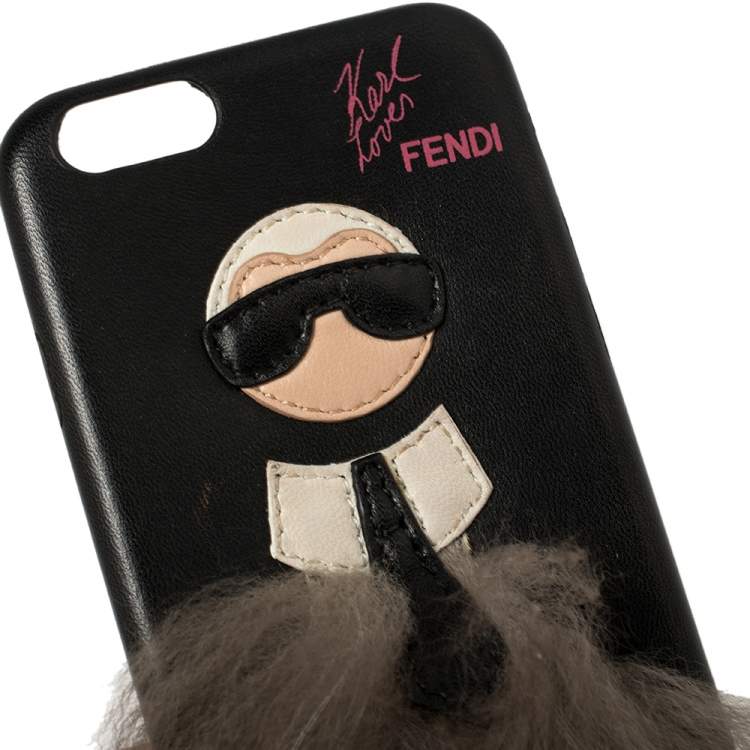 Pre Owned Fendi Black Leather and Fox Fur Karlito iPhone 6 Case
