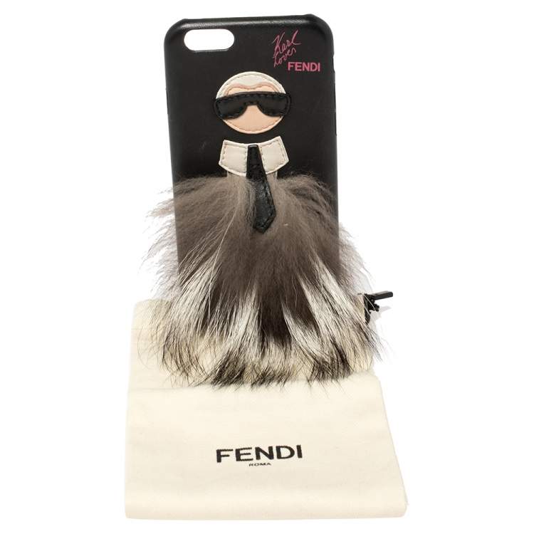 Pre Owned Fendi Black Leather and Fox Fur Karlito iPhone 6 Case