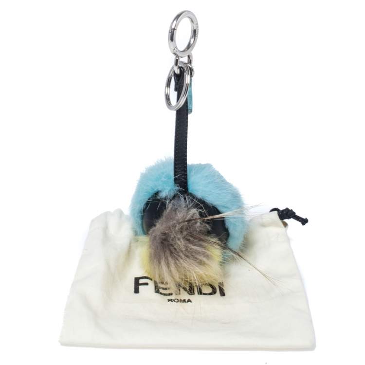 Pre Owned Fendi Green Bugs Eye Mink & Fox Fur Keyring/ Bag Charm