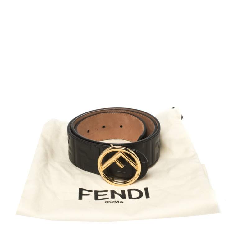 Pre Owned Fendi Black Zucca Embossed Leather  F Logo Belt 80CM