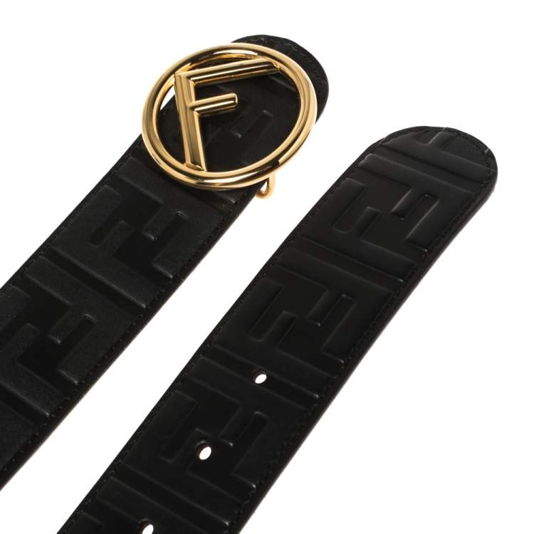 Pre Owned Fendi Black Zucca Embossed Leather  F Logo Belt 80CM