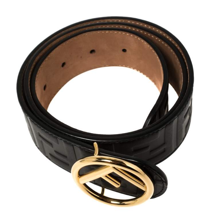 Pre Owned Fendi Black Zucca Embossed Leather  F Logo Belt 80CM