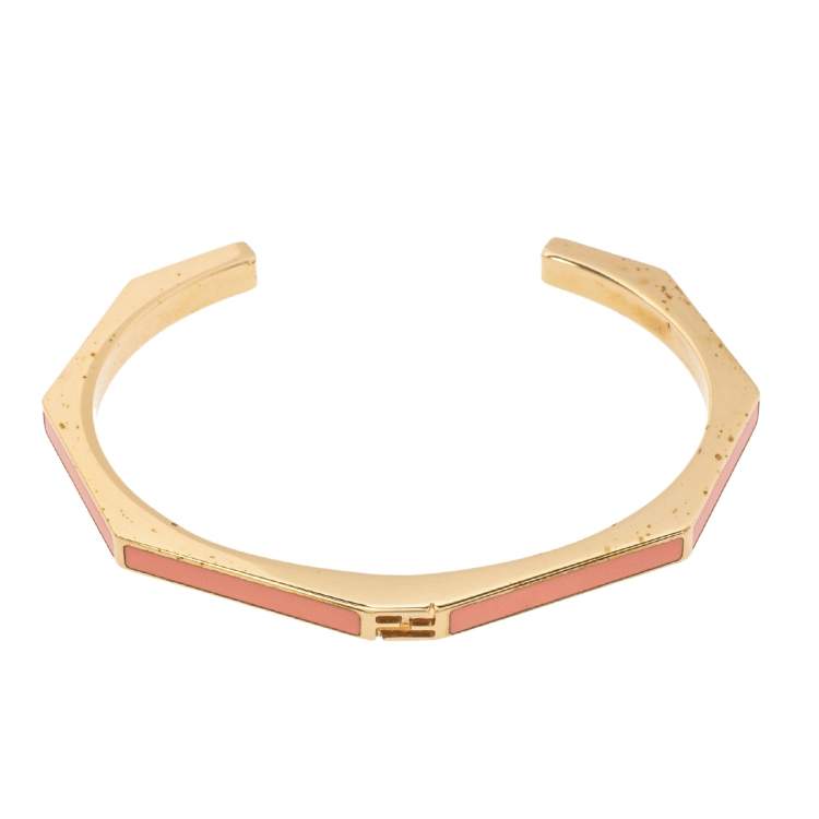 Pre Owned Fendi Pink Enamel Baguette Open Cuff Bracelet S