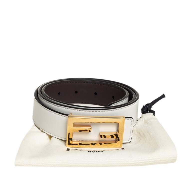 Pre Owned Fendi White/Chocolate Brown Leather Baguette Buckle Reversible Belt 90CM