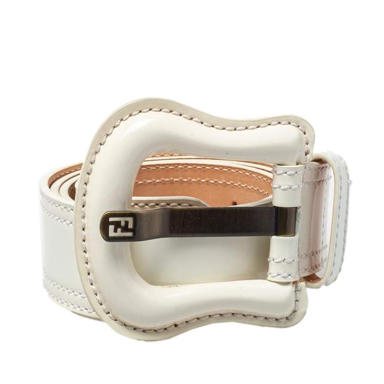 Pre Owned Fendi White Patent Leather Waist B Buckle Belt 95 CM