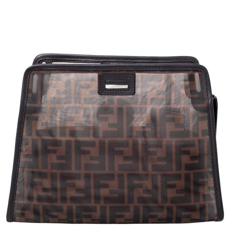 Pre Owned Fendi Brown Zucca Mesh and Leather Large Peekaboo Defender Pouch