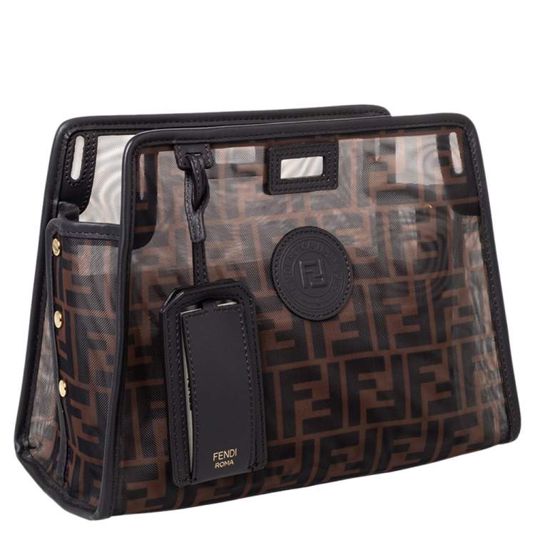 Pre Owned Fendi Brown Zucca Mesh and Leather Large Peekaboo Defender Pouch