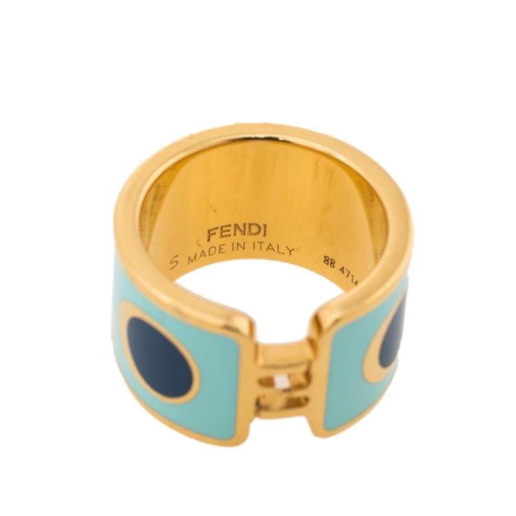 Pre Owned Fendi Fendista Blue Polka Dot Enamel Gold Tone Band Ring S