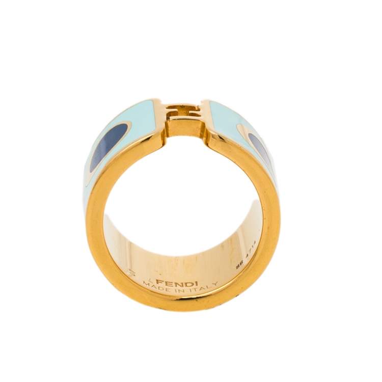 Pre Owned Fendi Fendista Blue Polka Dot Enamel Gold Tone Band Ring S