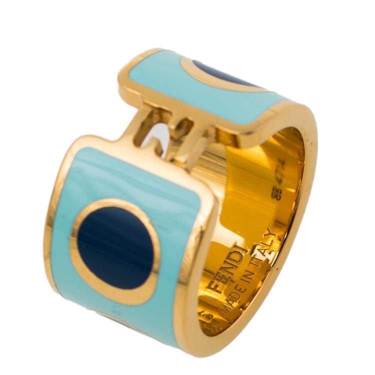 Pre Owned Fendi Fendista Blue Polka Dot Enamel Gold Tone Band Ring S