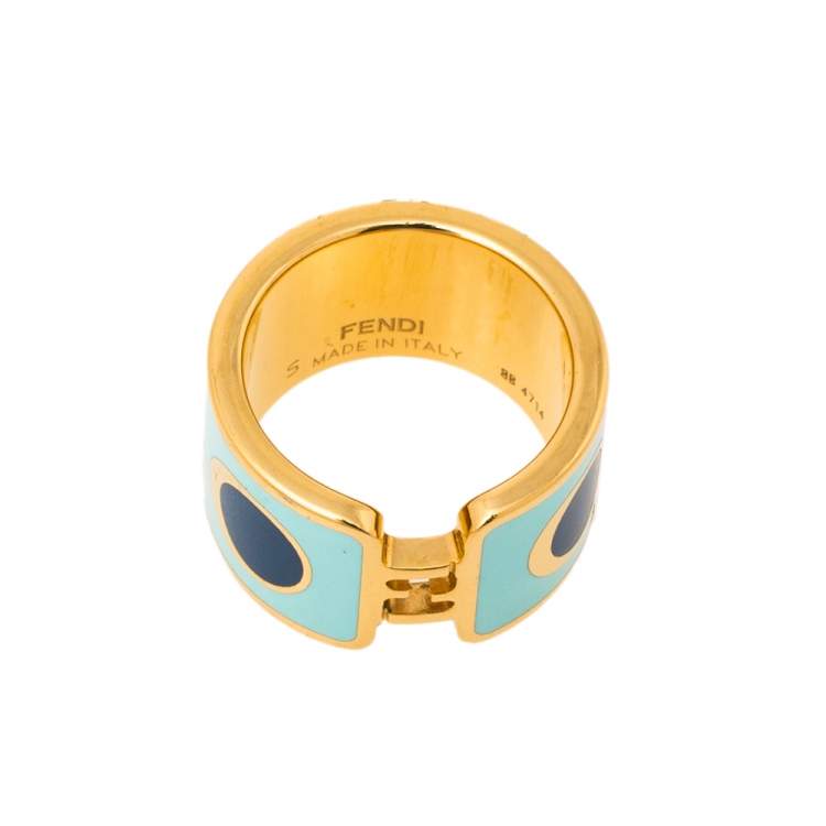 Pre Owned Fendi Fendista Blue Polka Dot Enamel Gold Tone Band Ring S