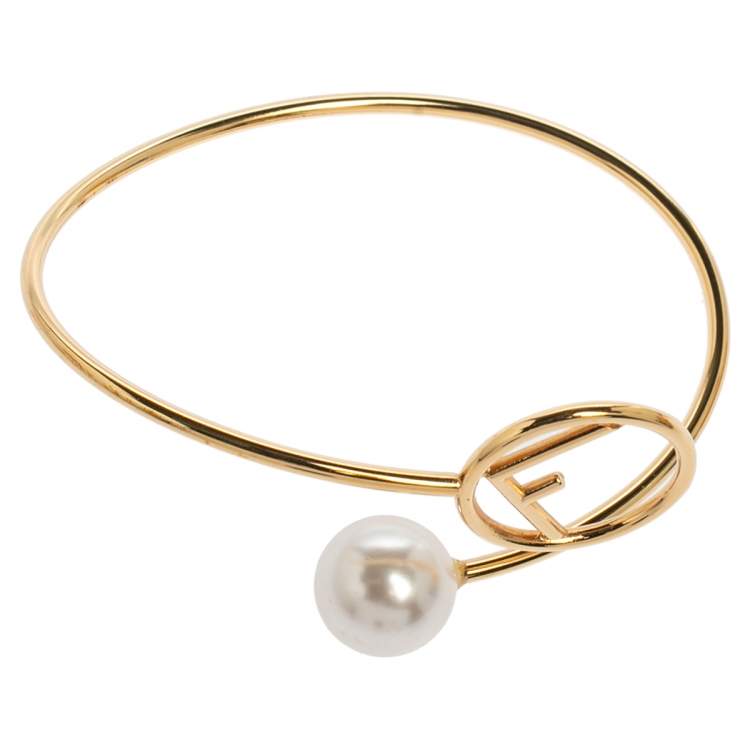 Pre Owned Fendi F is Fendi Faux Pearl Gold Tone Cuff Bracelet