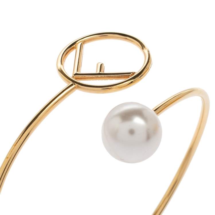 Pre Owned Fendi F is Fendi Faux Pearl Gold Tone Cuff Bracelet