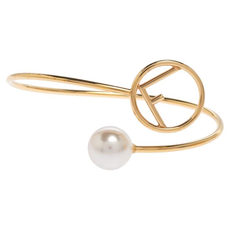 Pre Owned Fendi F is Fendi Faux Pearl Gold Tone Cuff Bracelet