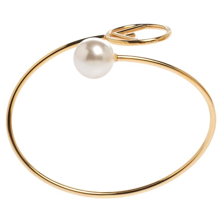 Pre Owned Fendi F is Fendi Faux Pearl Gold Tone Cuff Bracelet