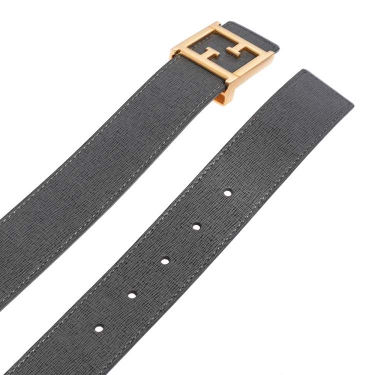 Pre Owned Fendi Grey Leather FF Logo Buckle Belt 90 CM