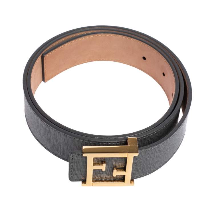 Pre Owned Fendi Grey Leather FF Logo Buckle Belt 90 CM