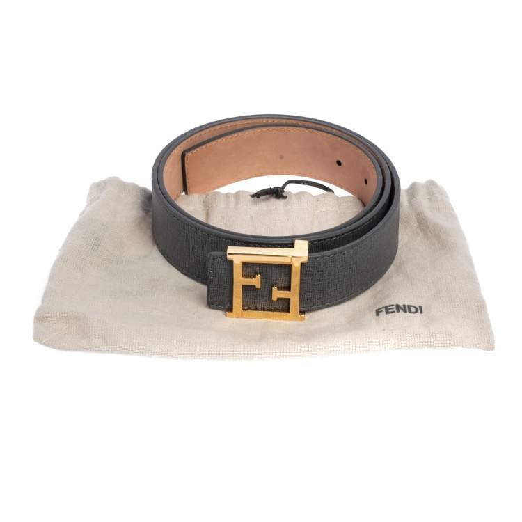 Pre Owned Fendi Grey Leather FF Logo Buckle Belt 90 CM