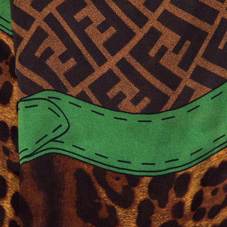 Pre Owned Fendi Brown Zucca Monogram & Animal Printed Silk Stole 