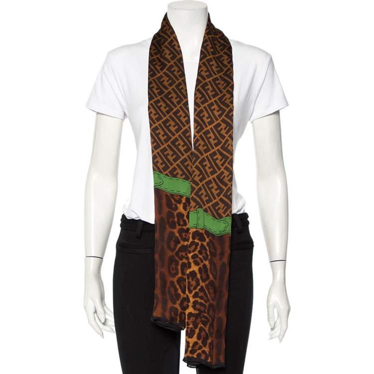 Pre Owned Fendi Brown Zucca Monogram & Animal Printed Silk Stole 