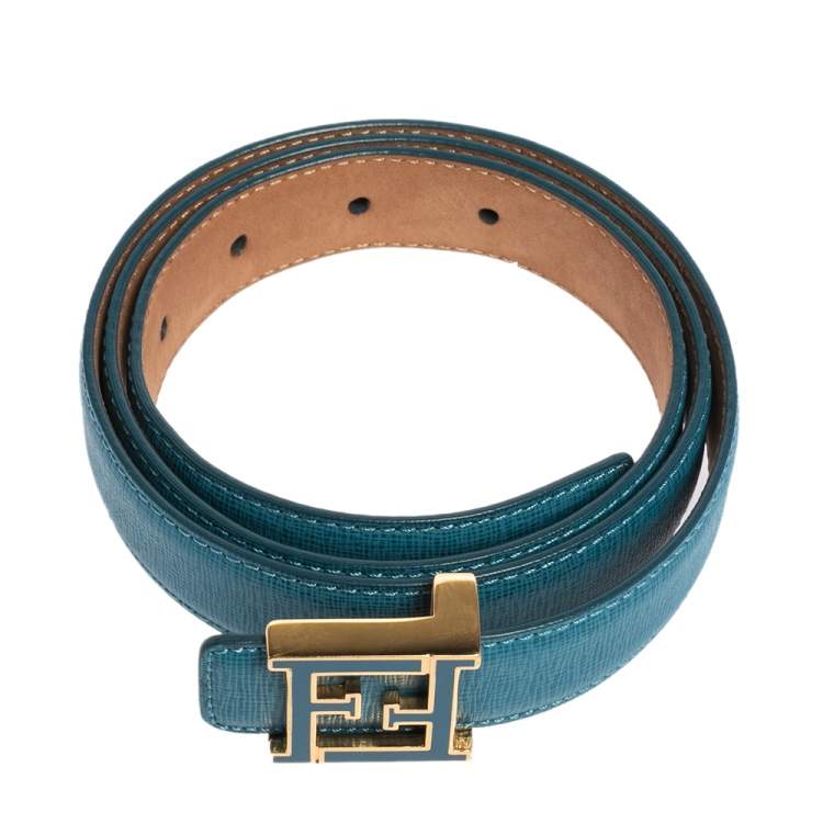 Pre Owned Fendi Blue Leather FF Logo Buckle Belt 85 CM