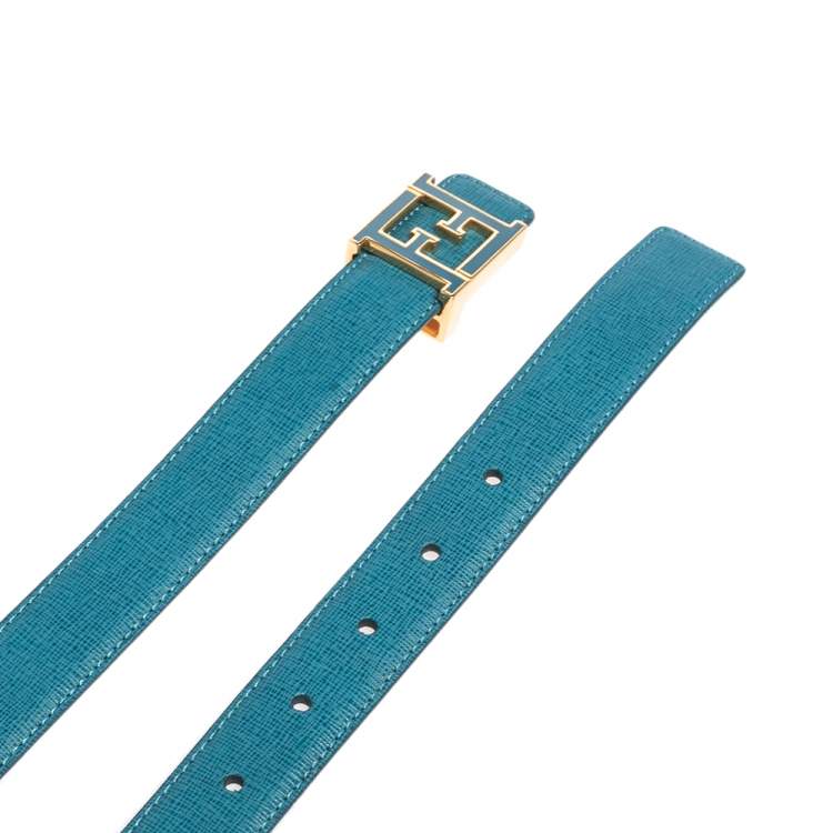 Pre Owned Fendi Blue Leather FF Logo Buckle Belt 85 CM