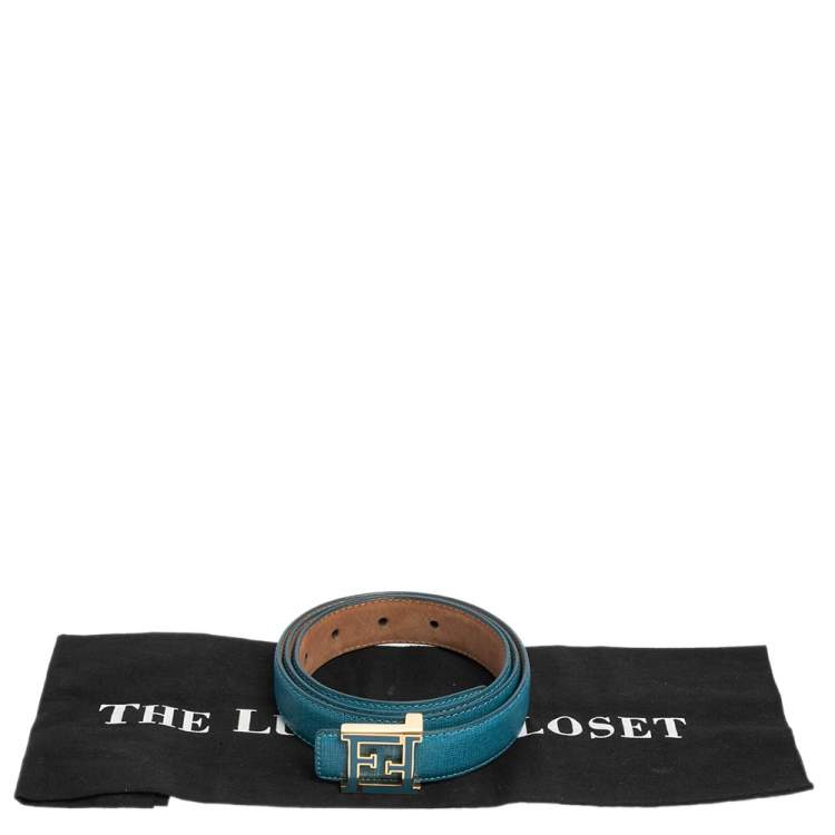 Pre Owned Fendi Blue Leather FF Logo Buckle Belt 85 CM