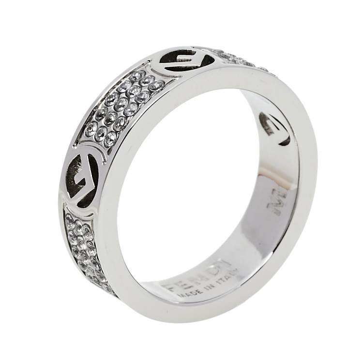 Pre Owned Fendi F Is Fendi Crystal Palladium Finished Band Ring M