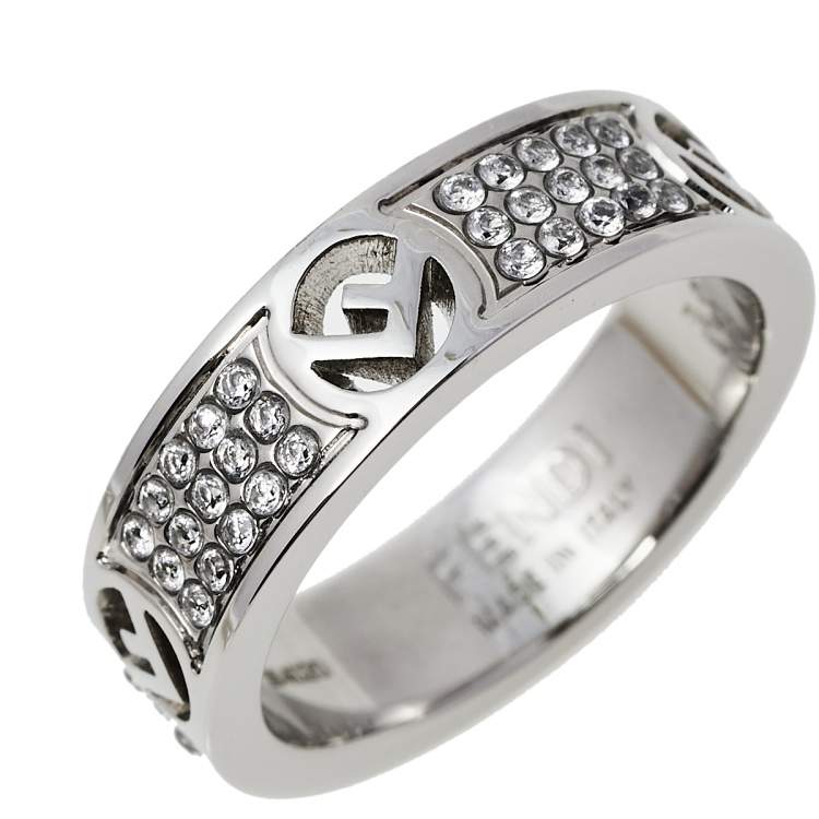 Pre Owned Fendi F Is Fendi Crystal Palladium Finished Band Ring M