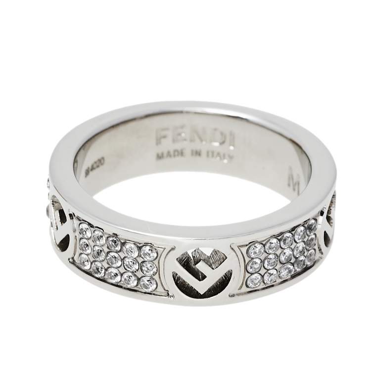 Pre Owned Fendi F Is Fendi Crystal Palladium Finished Band Ring M