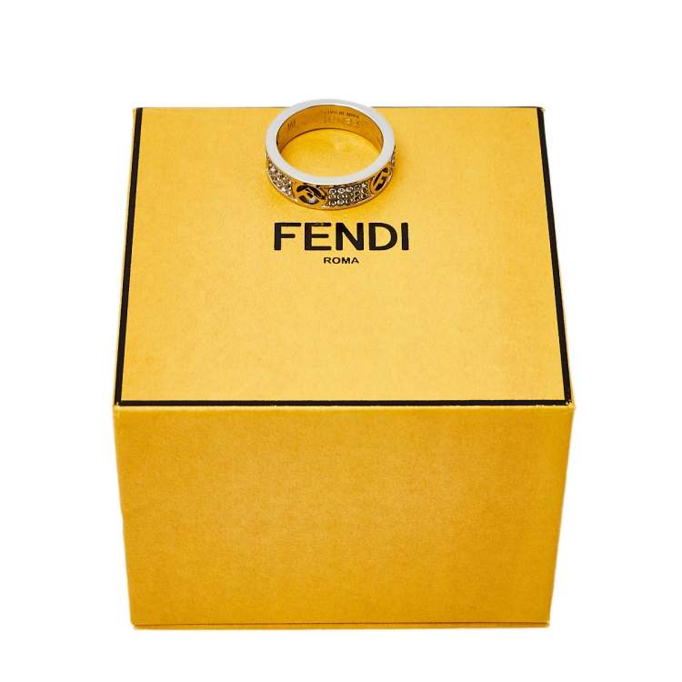 Pre Owned Fendi F Is Fendi Crystal Palladium Finished Band Ring M