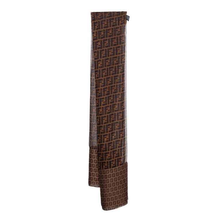 Pre Owned Fendi Brown Zucca Monogram Paneled Silk Scarf