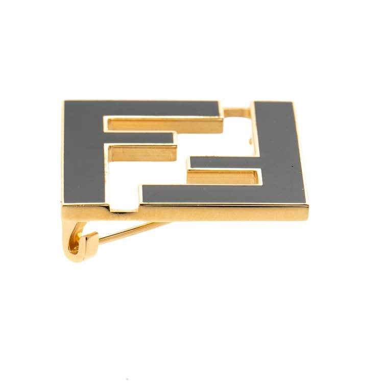 Pre Owned Fendi Gold Tone Black Enamel FF Pin Brooch