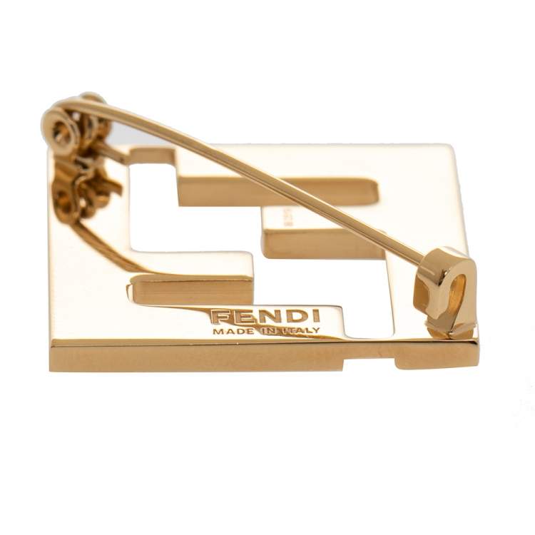 Pre Owned Fendi Gold Tone Black Enamel FF Pin Brooch
