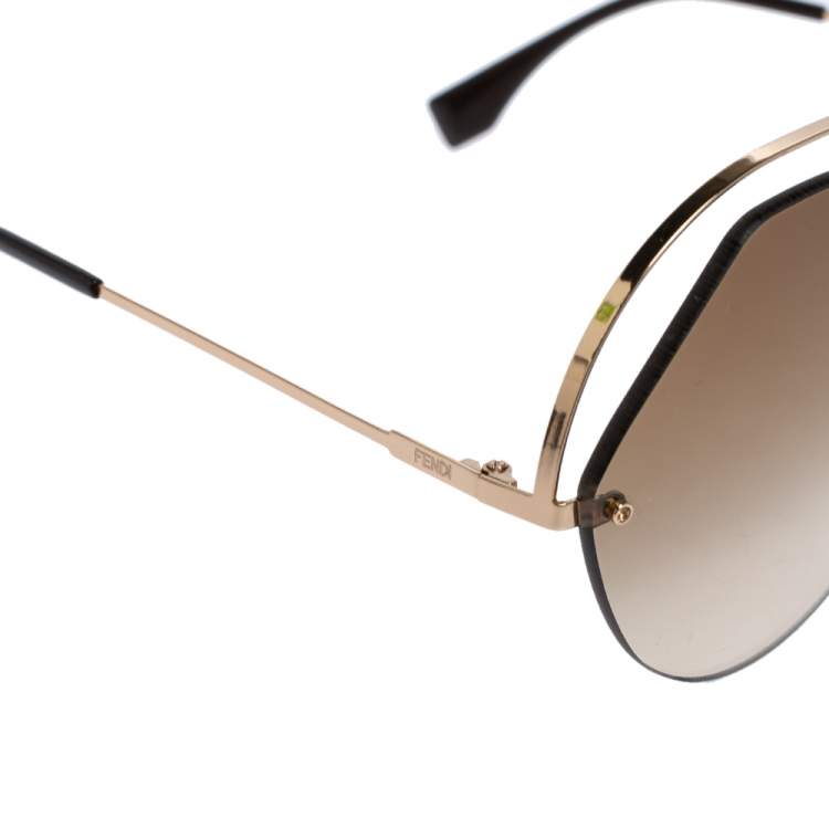 Pre Owned Fendi Brown/Gold Tone Metal FF 0326/S Rimless Gradient Aviator Sunglasses