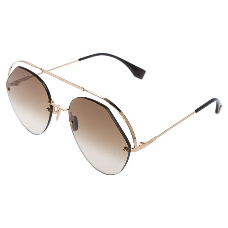 Pre Owned Fendi Brown/Gold Tone Metal FF 0326/S Rimless Gradient Aviator Sunglasses