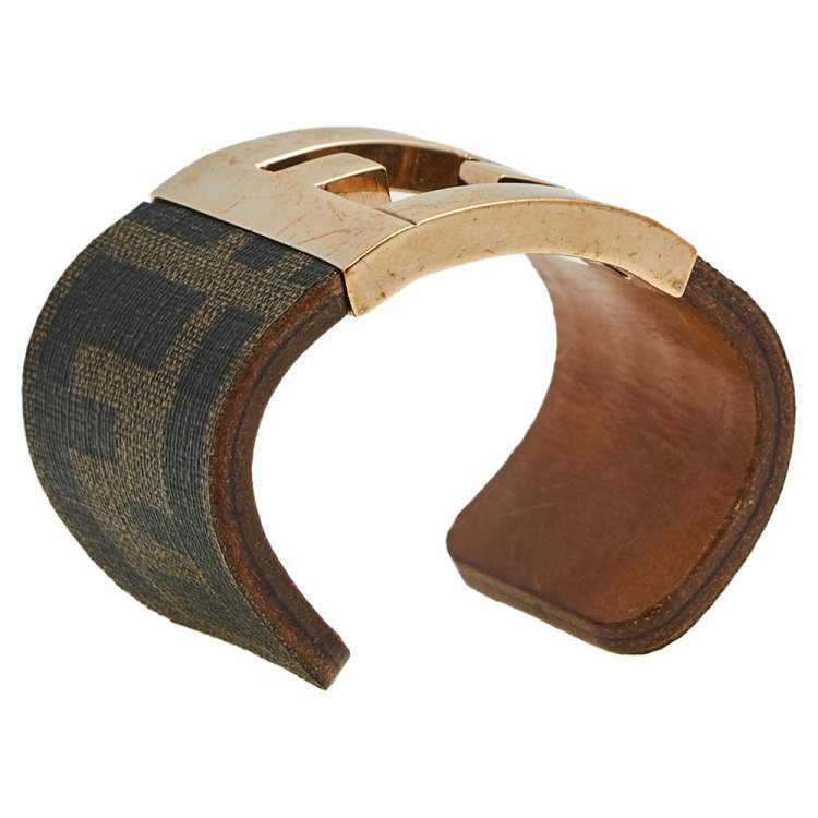 Pre Owned Fendi Zucca Canvas Gold Tone Open Cuff Bracelet
