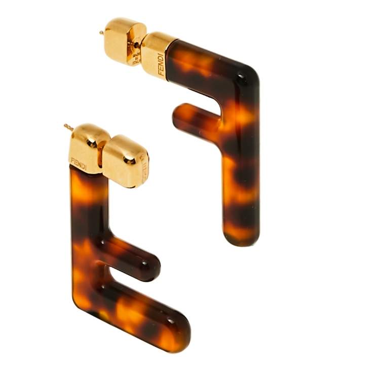 Pre Owned Fendi Brown Plexiglass Gold Tone FF Earrings