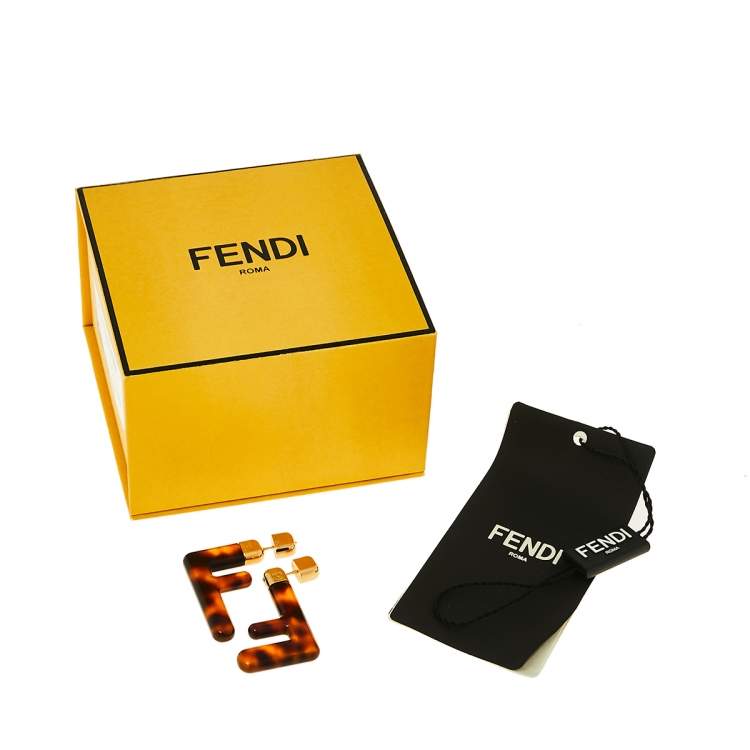 Pre Owned Fendi Brown Plexiglass Gold Tone FF Earrings