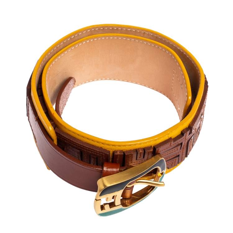 Pre Owned Fendi Brown/Yellow Leather Logo Buckle Waist Belt 65 CM