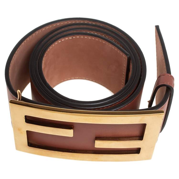 Pre Owned Fendi Brown Leather FF Buckle Wide Waist Belt 85CM