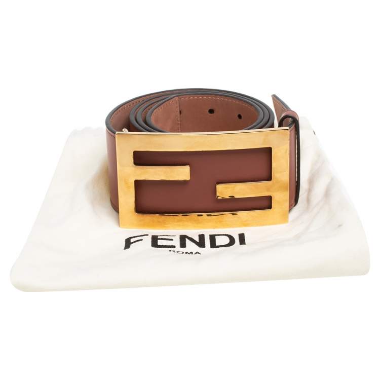 Pre Owned Fendi Brown Leather FF Buckle Wide Waist Belt 85CM