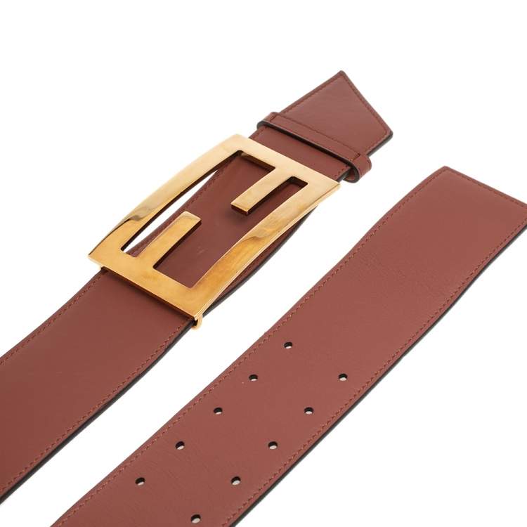 Pre Owned Fendi Brown Leather FF Buckle Wide Waist Belt 85CM